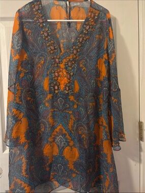 Wallis Orange and Blue Paisley Beaded V-Neck Tunic